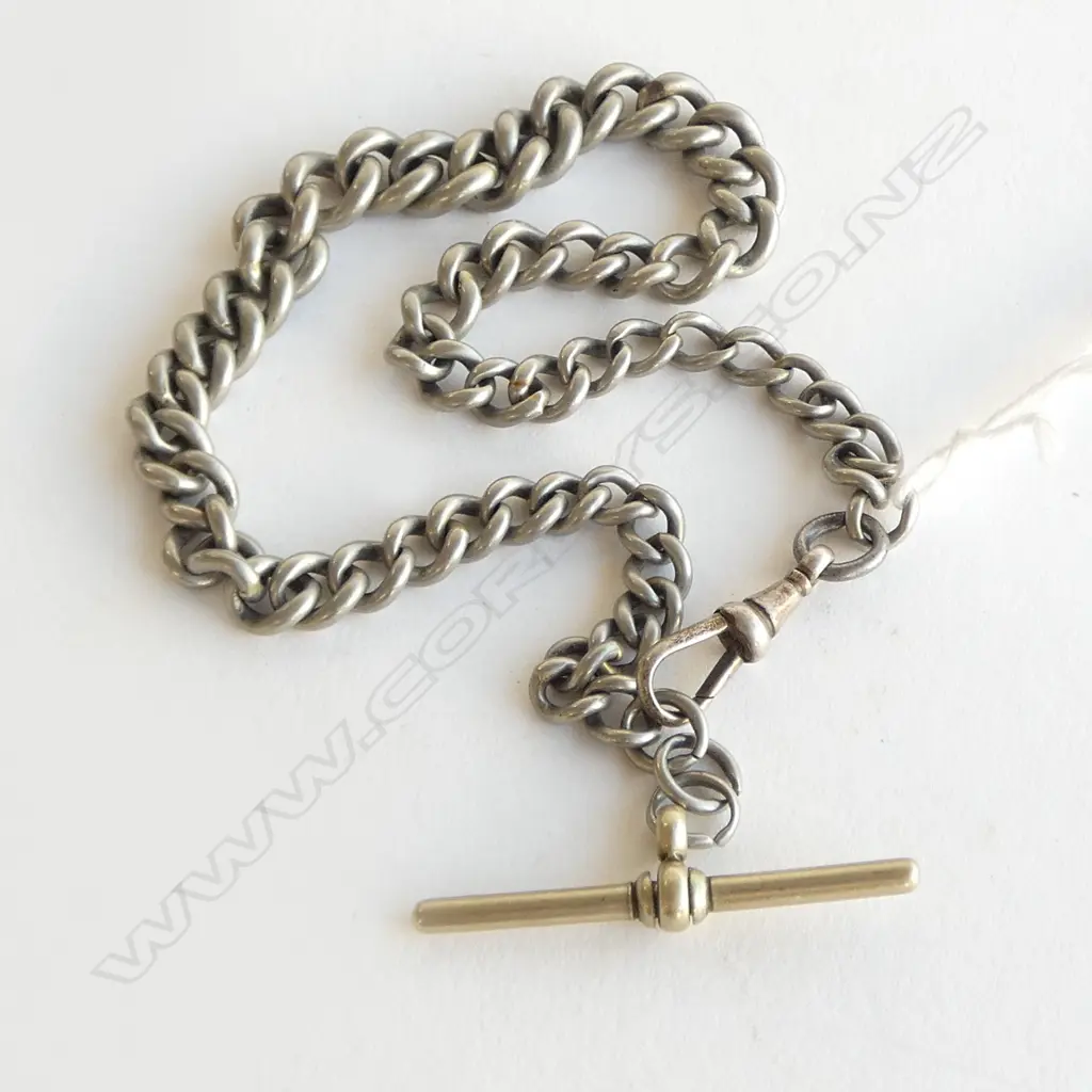 SILVER c.1900 GRADUATED CURB LINK FOB CHAIN L.320mm 29gms Image 1++