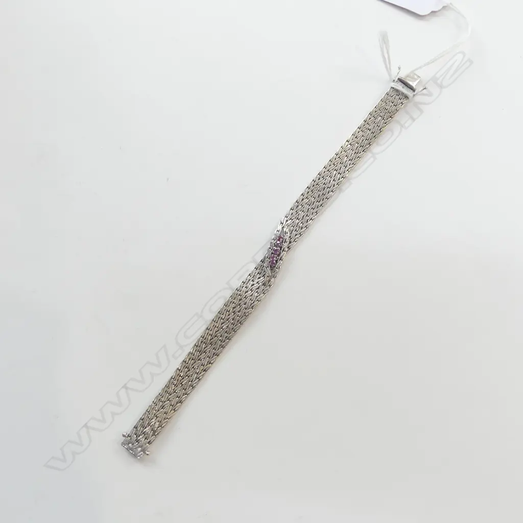 18ct WHITE GOLD & RUBY? WOVEN CHAIN BRACELET, ITALIAN MADE, 30.69gm Image 1++