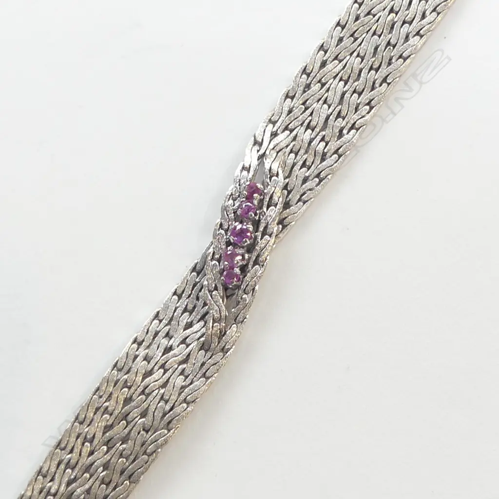 18ct WHITE GOLD & RUBY? WOVEN CHAIN BRACELET, ITALIAN MADE, 30.69gm Image 1++