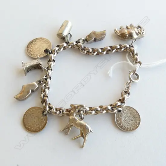 SILVER CHARM BRACELET: coins animals etc