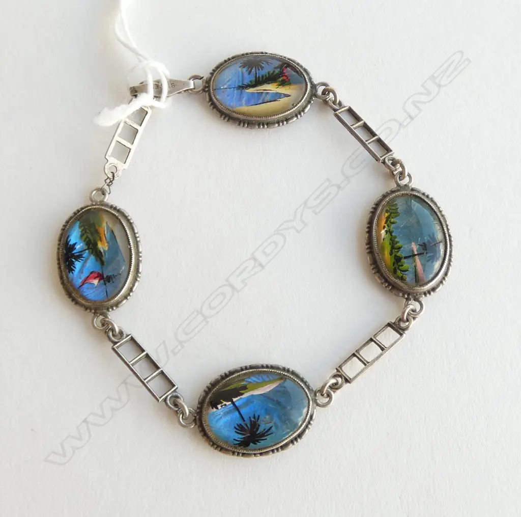 'T.L.M. STERLING' BUTTERFLY WING & SILVER 4 section bracelet Pacific Island scenes Image 1++