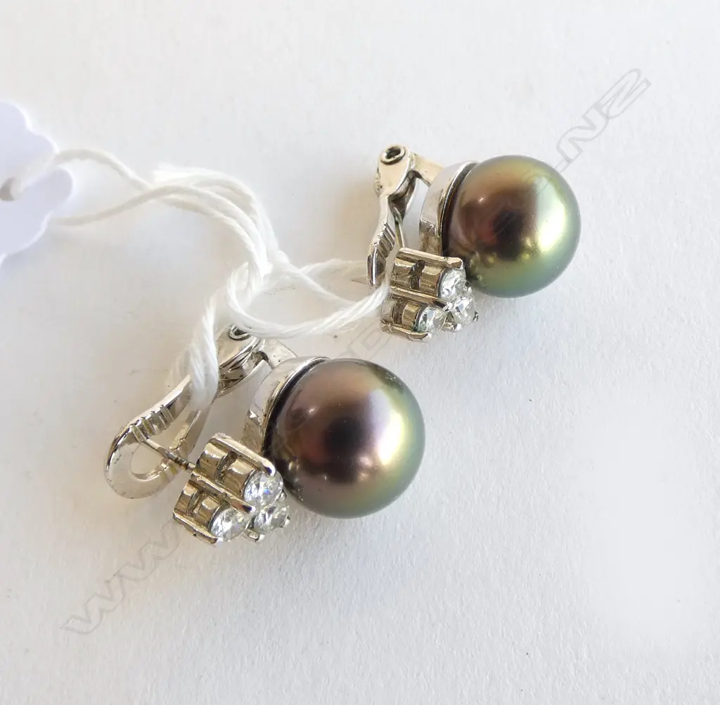 PAIR SILVER,FAUX BLACK PEARL, FAUX DIAMOND EARRINGS Image 1++