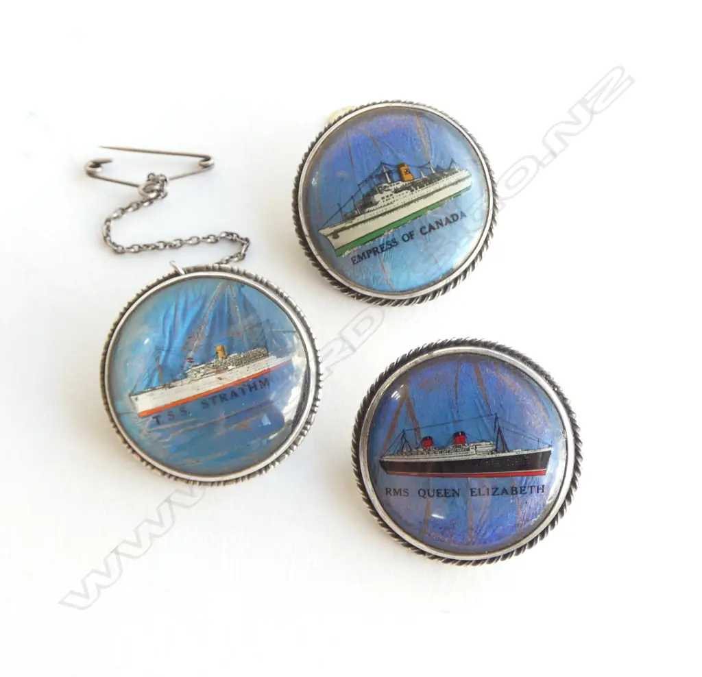 3 BUTTERFLY WING & SILVER SHIP BROOCHES: 'HMS QUEEN ELIZABETH' + 'Empress of Canada' + 'T.S.S. Strathmore' Image 1++