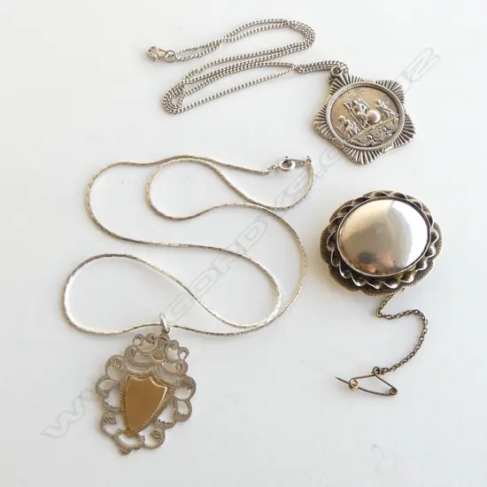 2 SILVER MEDALLIONS & LGE PLAIN BROOCH