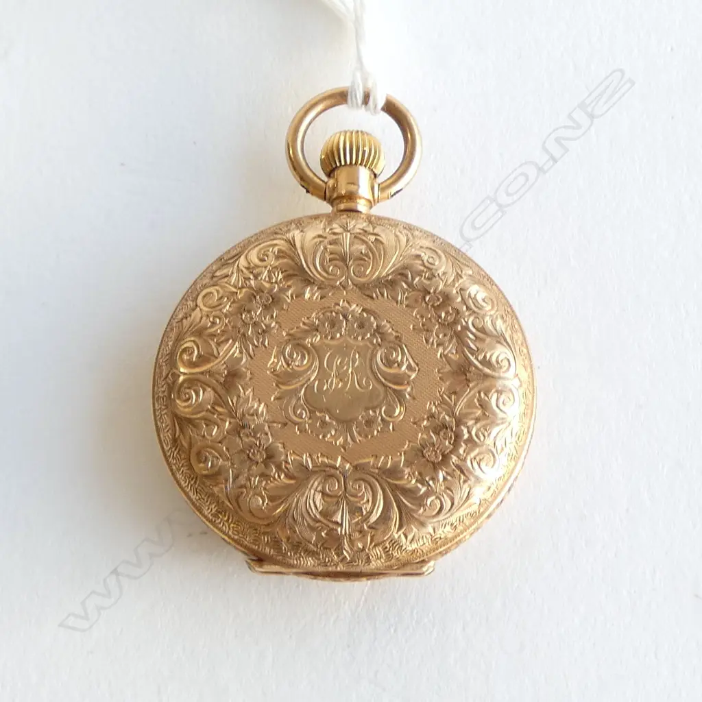 14ct GOLD BAUME LONGINES LADIES HUNTER POCKET WATCH engraved case. Running 34.8gms Image 1++