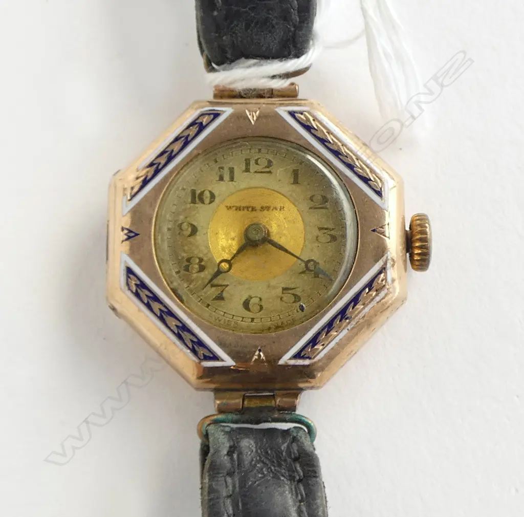 9ct GOLD ART DECO ENAMELLED LADIES 'WHITE STAR WRISTWATCH leather strap 17gms Image 1++