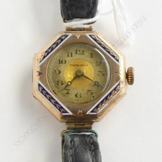 9ct GOLD ART DECO ENAMELLED LADIES 'WHITE STAR WRISTWATCH leather strap 17gms