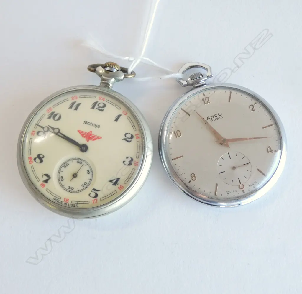 2 VINTAGE GENT'S FOB WATCHES: Russian Molnija w train to back + slim line Lanco. Both running  Image 1++