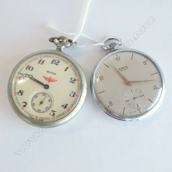 2 VINTAGE GENT'S FOB WATCHES: Russian Molnija w train to back + slim line Lanco. Both running 