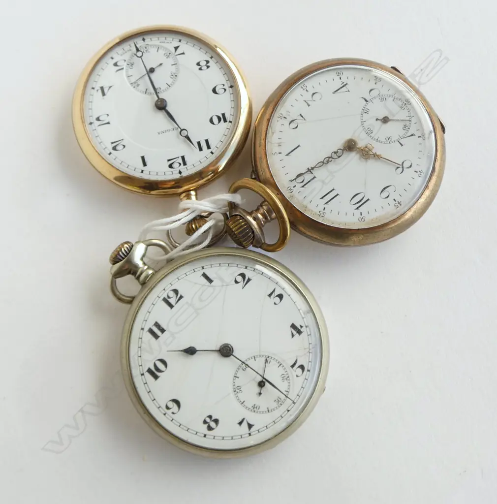 3 GENT'S early 20thC POCKET WATCHES OPEN FACE 1x .800 silver 1x gold plate Image 1++