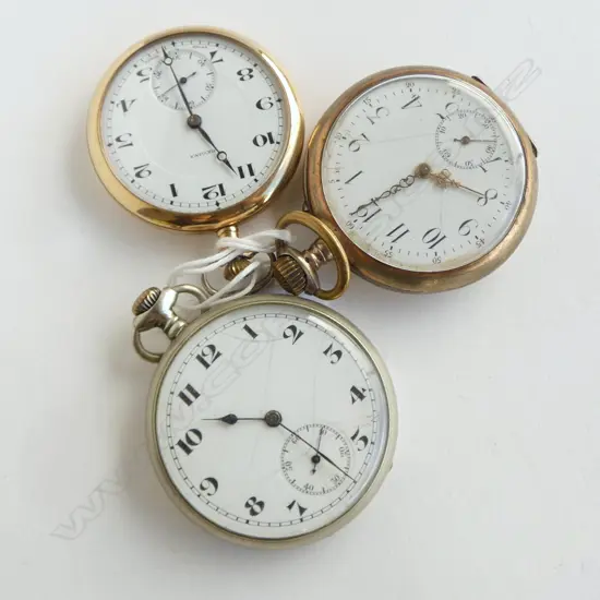 3 GENT'S early 20thC POCKET WATCHES OPEN FACE 1x .800 silver 1x gold plate