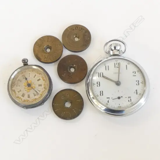 2 FOB WATCHES & 4 BRASS WEIGHTS