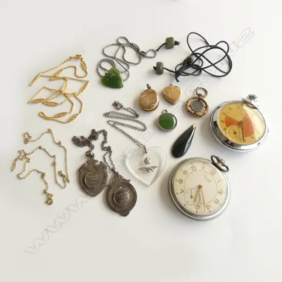 ASST JEWELLERY & POCKET WATCHES: POUNAMU GOLD PLATE SILVER ROWING MEDALLIONS ETC