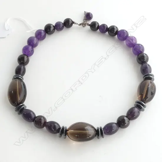 AMETHYST AND SMOKEY QUARTZ BEAD NECKLACE L.500mm