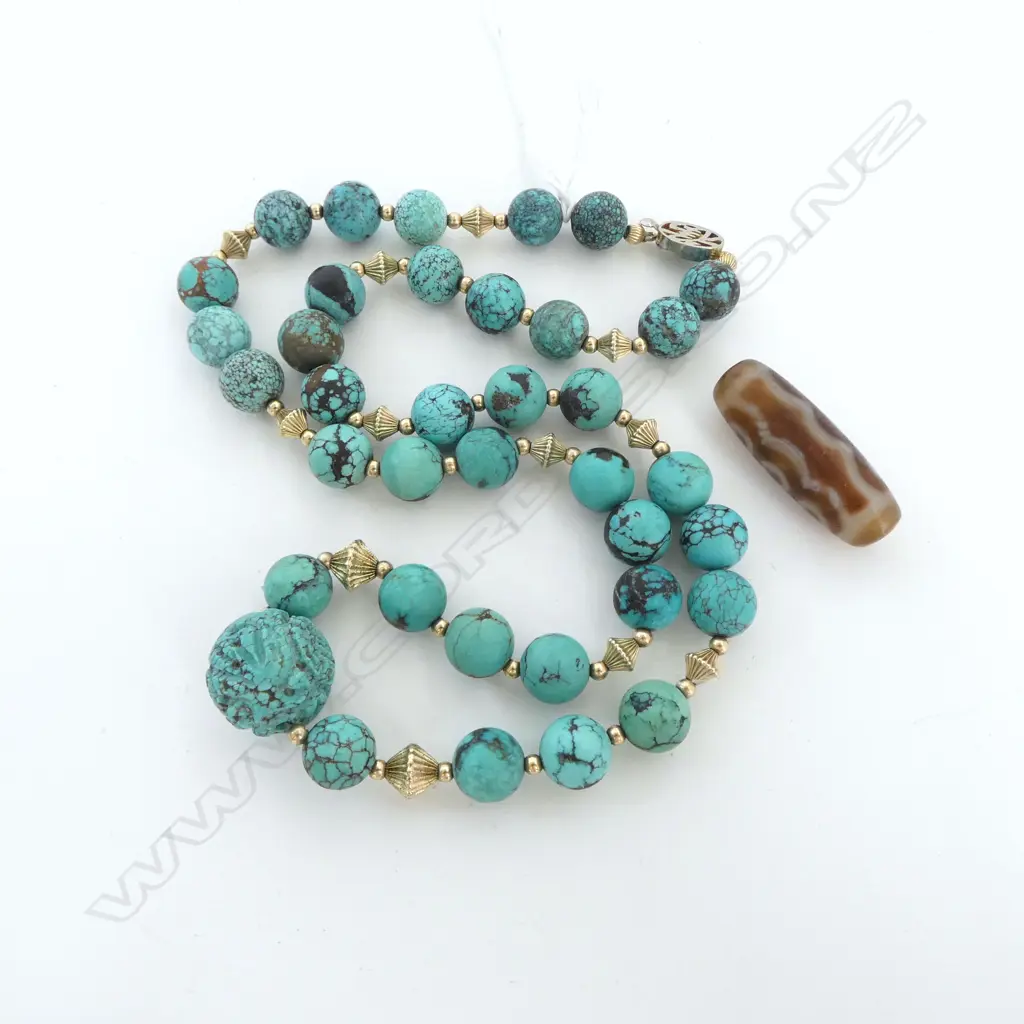 ORIENTAL TURQUOISE BEAD NECKLACE L.610mm + STONE BEAD Image 1++
