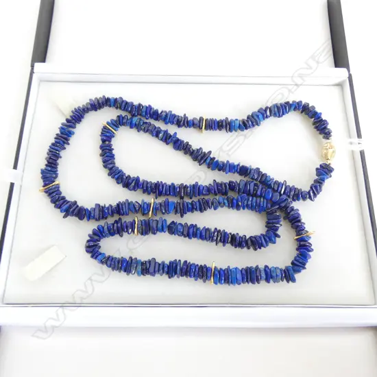14ct LAPIS LAZULI OPERA LENGTH NECKLACE, GOLD CLASP & KNOTTED w 7 GOLD BARS, L.90cm, 78gm, valuation avail.$3000