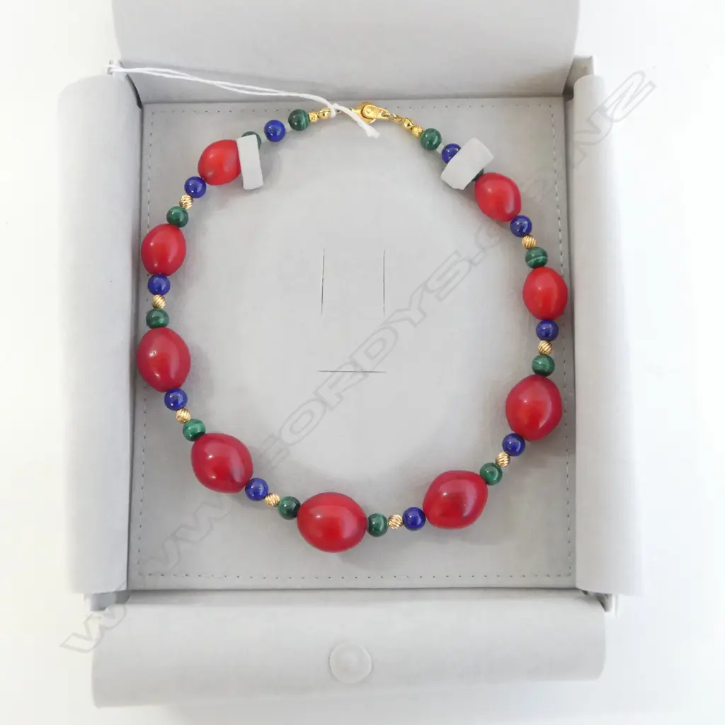 18CT GOLD LAPIS/MALACITE/VENETIAN BEAD NECKLACE Image 1++