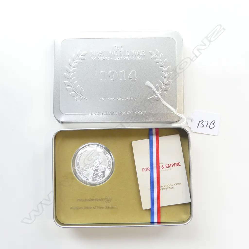 1oz SILVER PROOF COIN NZ POST 1914 FOR KING & EMPIRE + TIN Image 1++