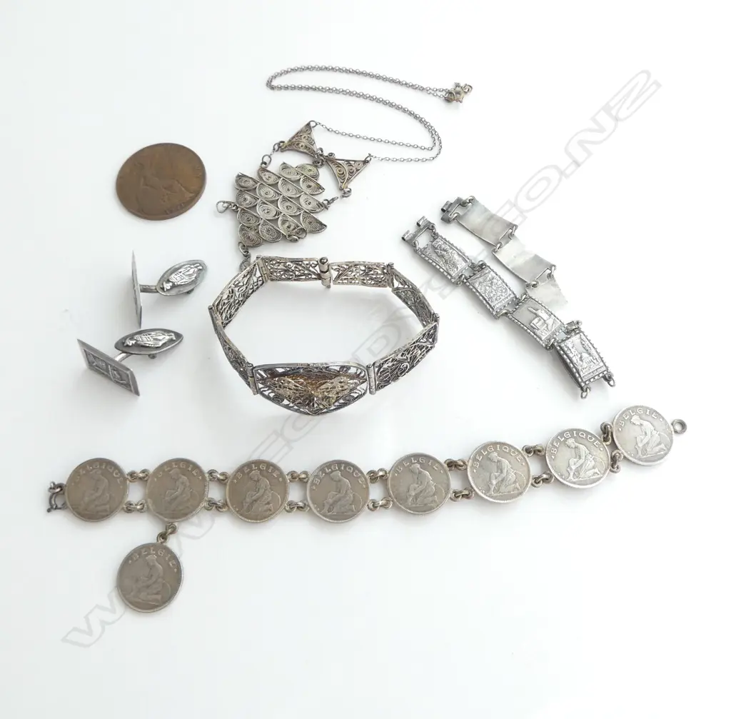 COLLECTION of EARLY 20thC SILVER SOUVENIR JEWELLERY from MIDDLE EAST & BELGUIM & 1921 UK PENNY & scrap gold? chain Image 1++