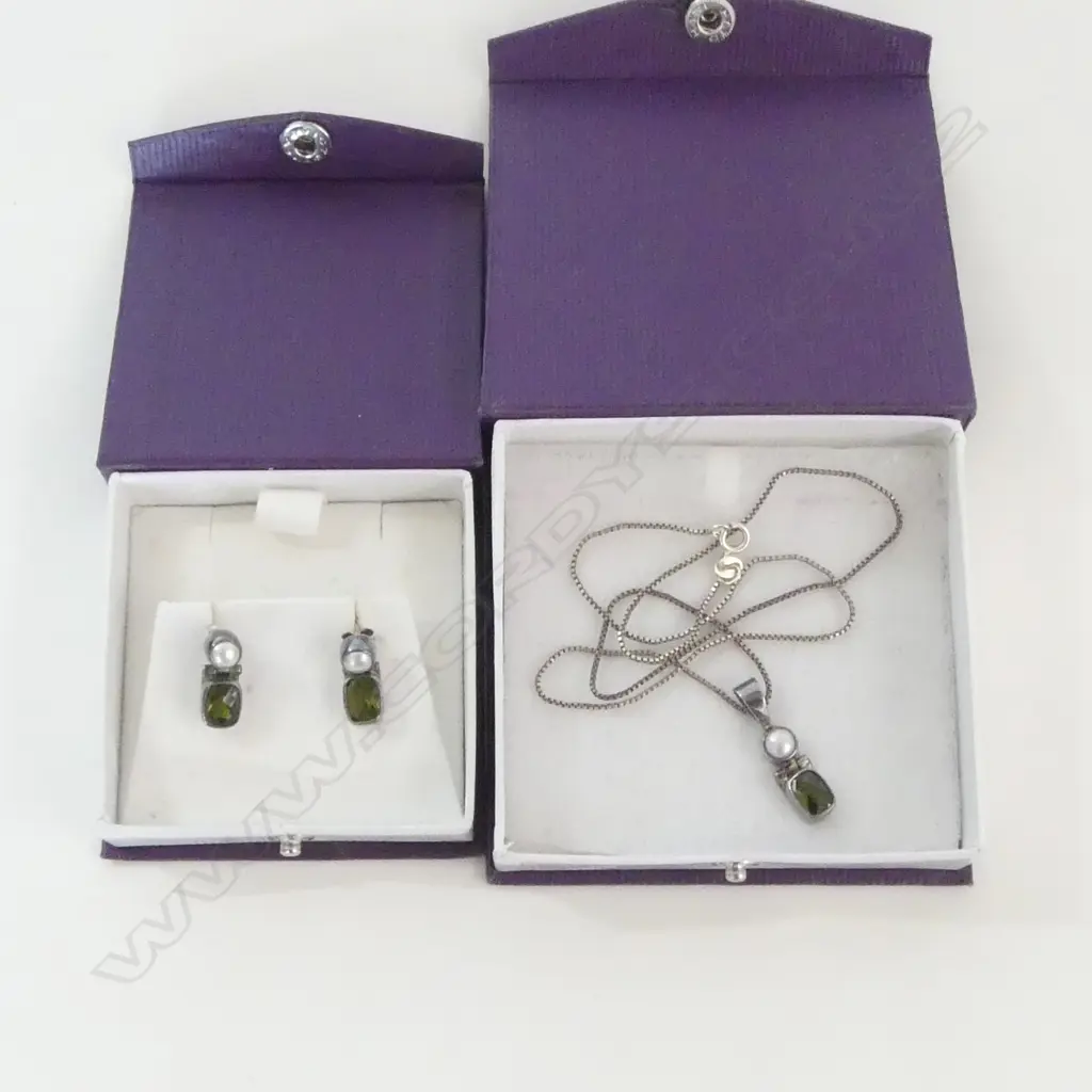S/SILVER GEM STONE & PEARL PENDANT & EARING SET Image 1++