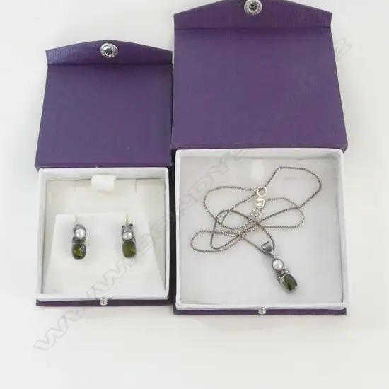 S/SILVER GEM STONE & PEARL PENDANT & EARING SET