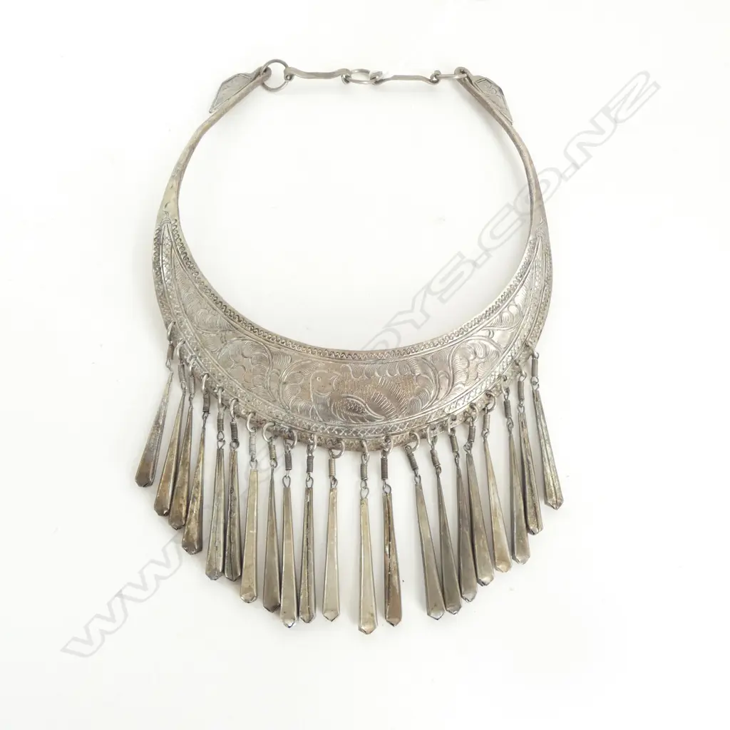 WHITE METAL TRIBAL NECKLET with tassel drop maybe low grade silver? Image 1++