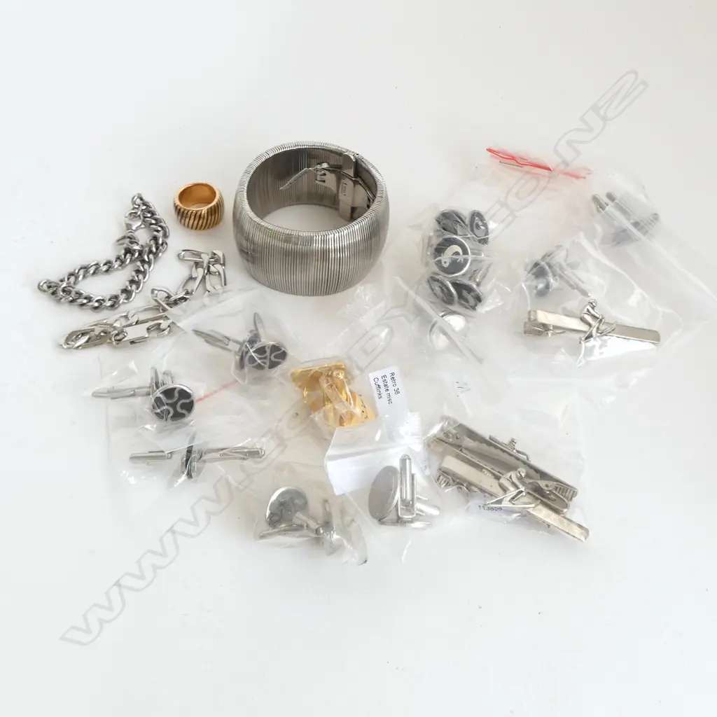 ASST. STAINLESS STEEL JEWELLERY; 12 PRS CUFFLINKS, TIE SLIDES BRACELETS & RING, new old stock Image 1++