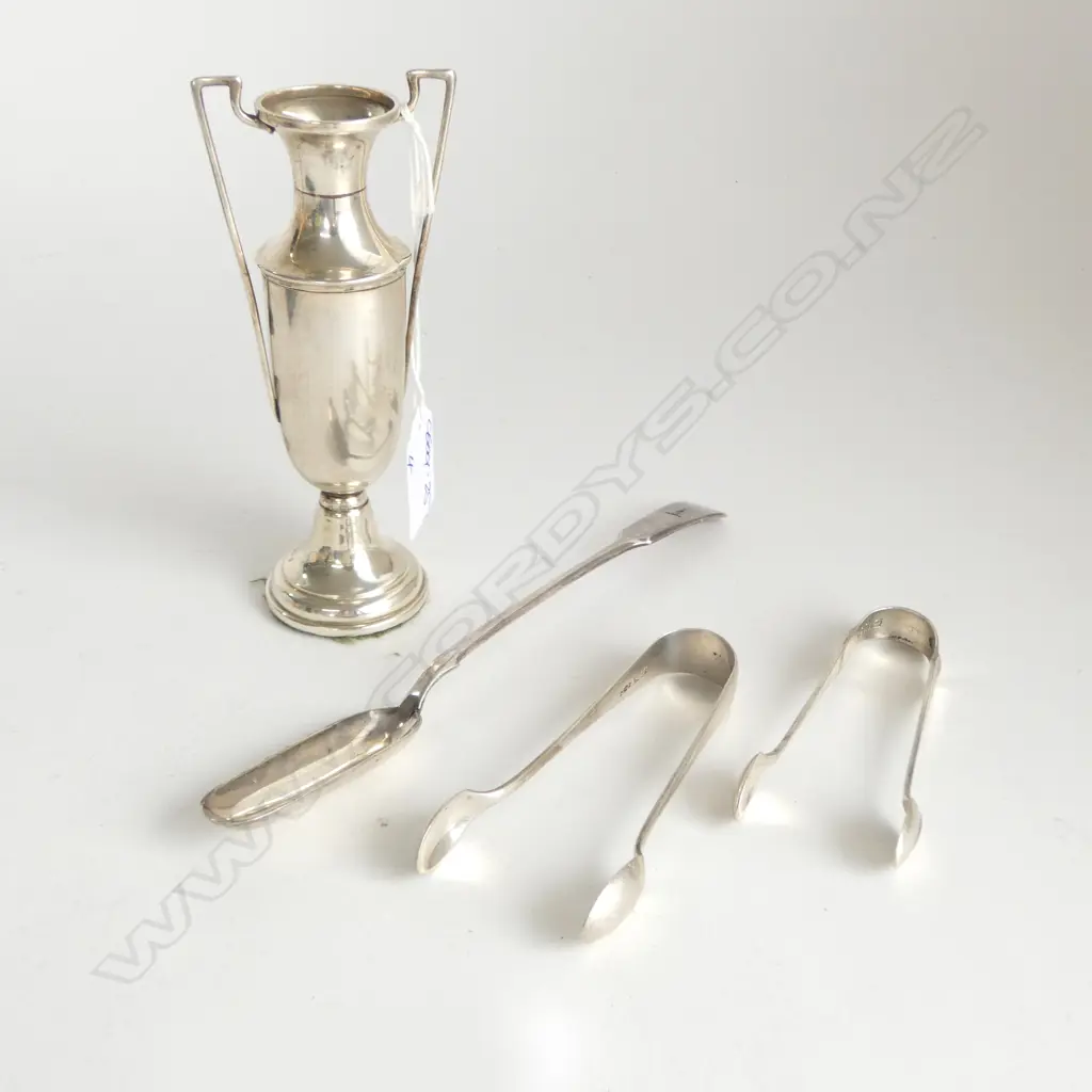 2 PRS SILVER SUGAR TONGS 43gms + SILVER VASE weighted base 98gms + SILVER PLATE MARROW SCOOP Image 1++