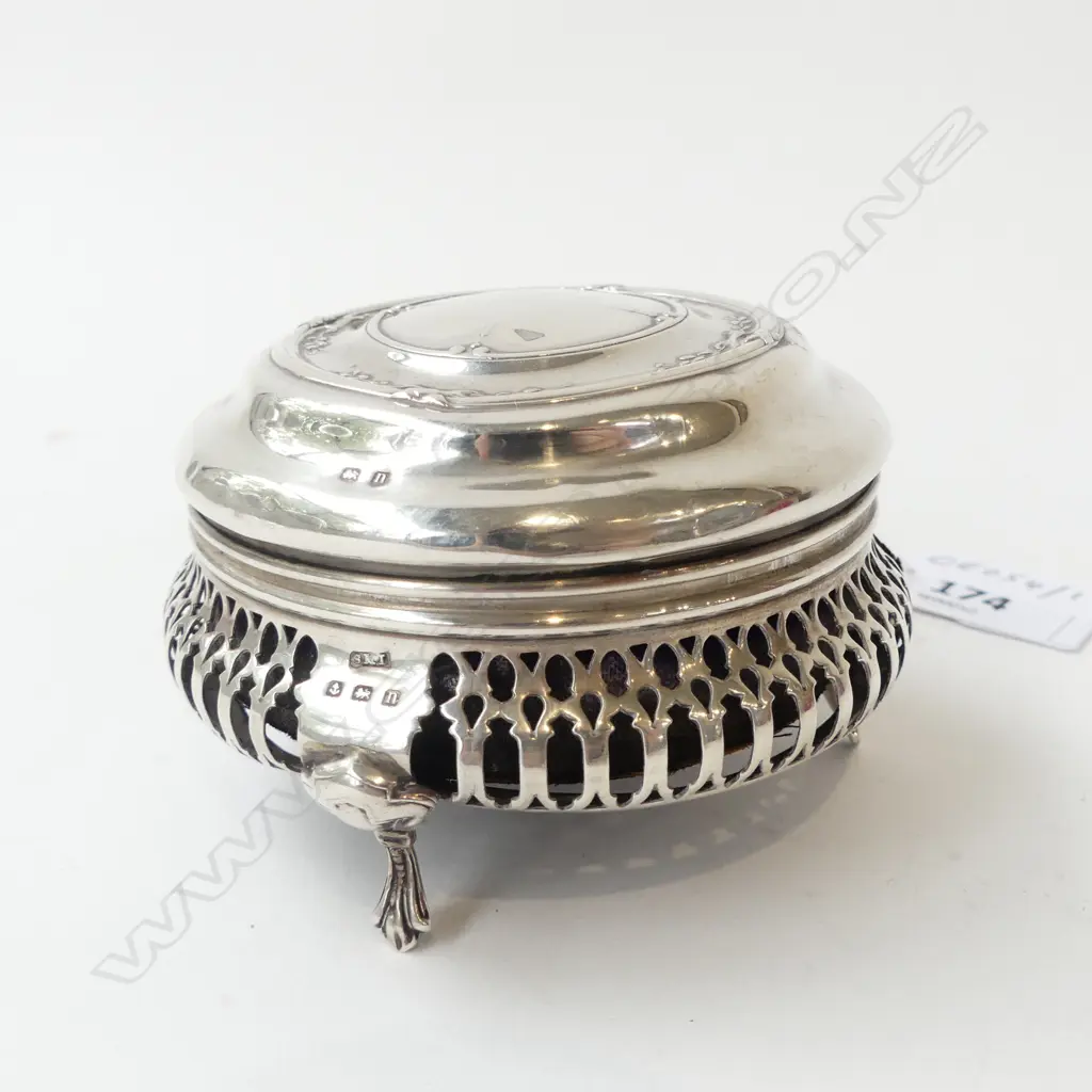STERLING SILVER JEWLLERY BOX W. HINGED LID BIRMINGHAM 1912, D.85MM  Image 1++