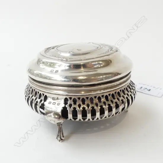 STERLING SILVER JEWLLERY BOX W. HINGED LID BIRMINGHAM 1912, D.85MM 