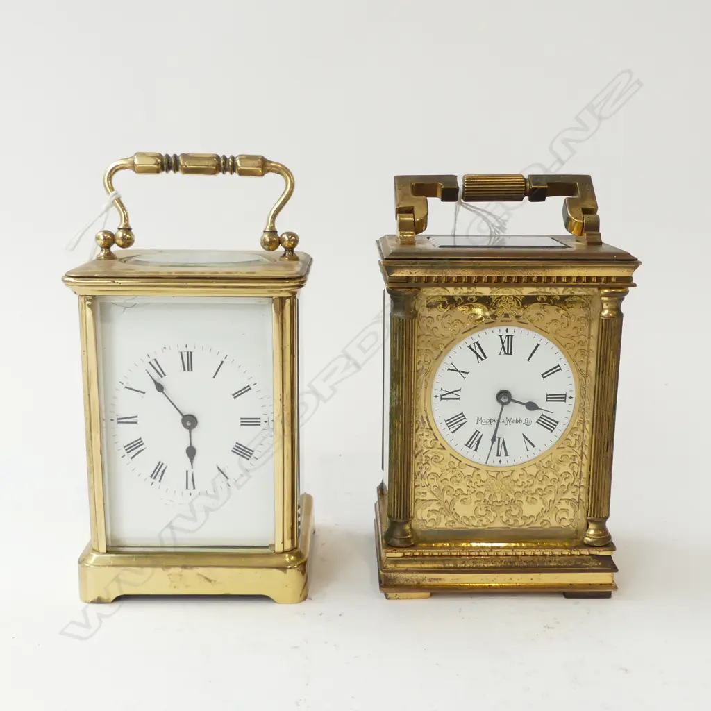 2 OLD BRASS MANTLE CLOCKS ONE TYPICAL PLAIN STYLE OLD WOLRKING H. 150mm & MAPPIN & WEBB WITH GILT 'BLIND' DETAIL SURROUN Image 1++
