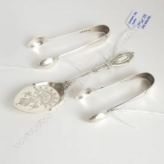 2 PRS SILVER SUGAR TONGS + FANCY VICT. SILVER PRESERVE SPOON 77gms
