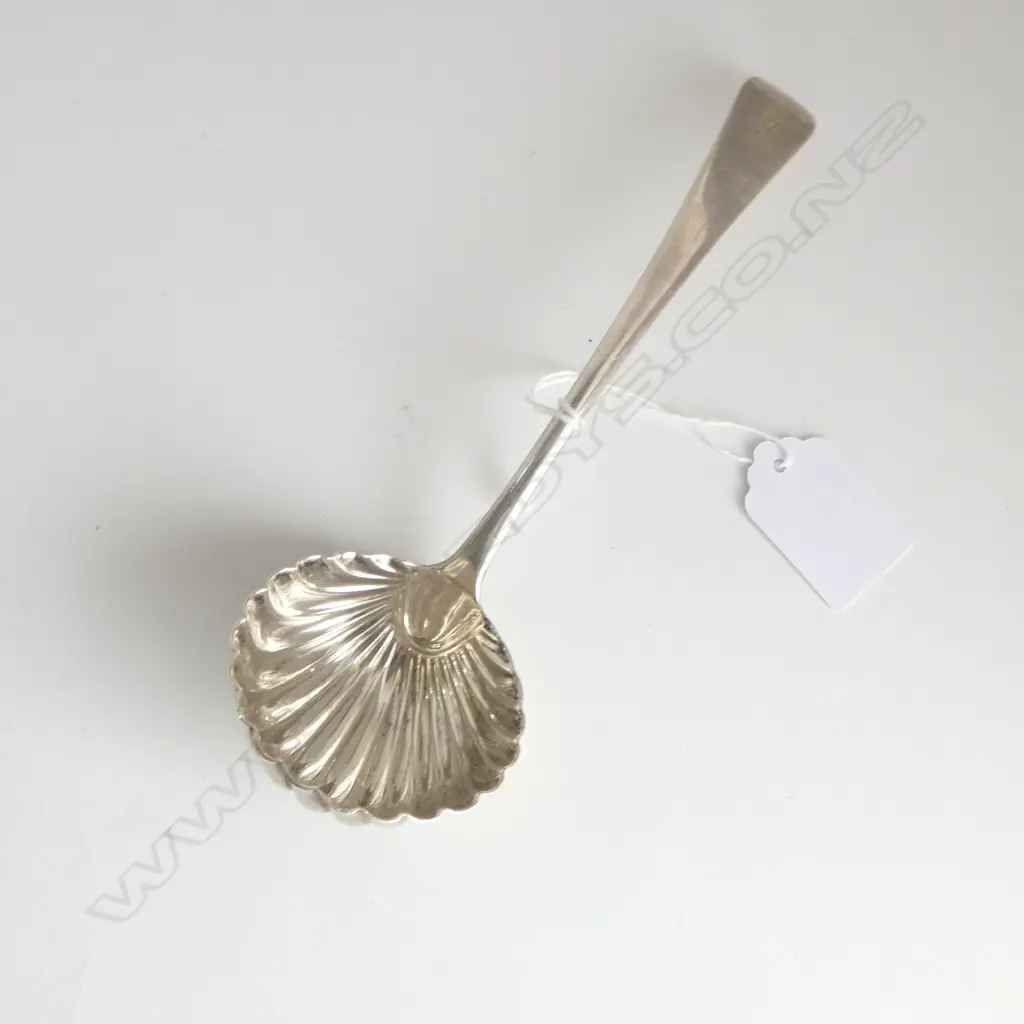 London c1780 CRESTED SILVER SAUCE LADLE with shell bowl 63gms Image 1++