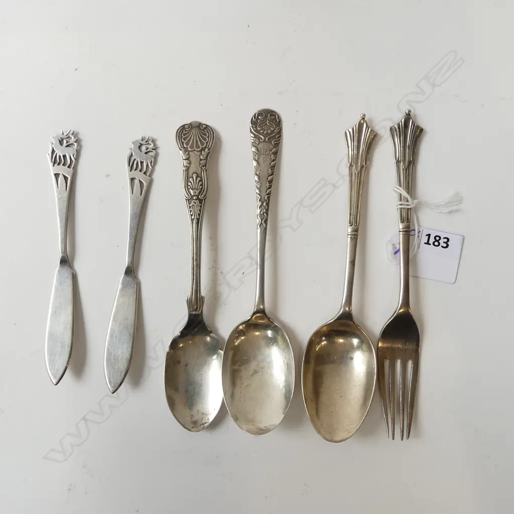 6 SILVER CUTLERY ITEMS: 3 spoons + 2 butter knives + fork 156gms Image 1++