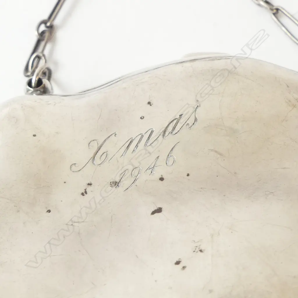 SILVER PURSE w KIDSKIN INTERIOR, BIRM.1944, engraved XMAS 1946, 119gm Image 1++