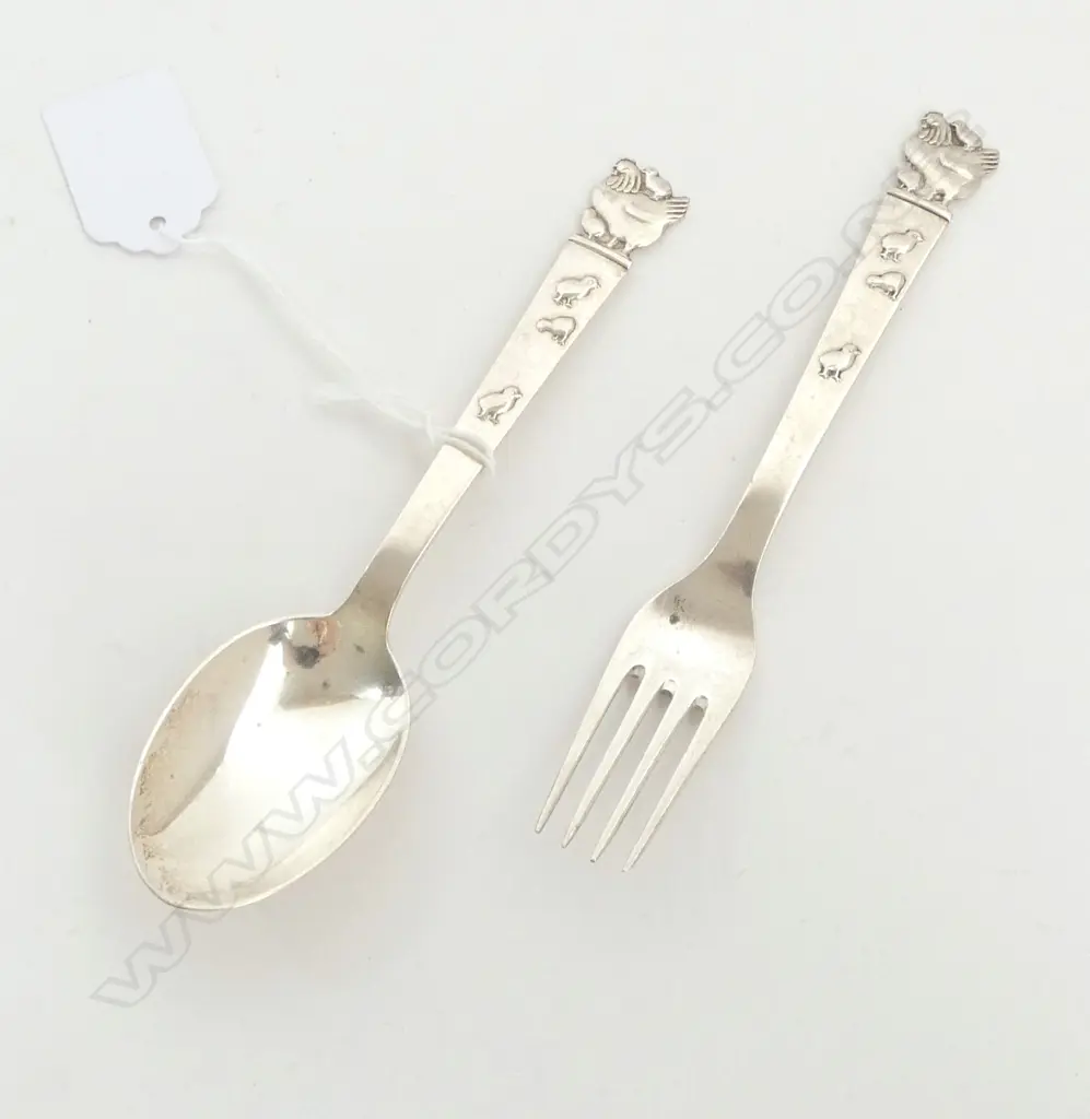 NORDIC SILVER CHRISTENING SET, child's spoon & fork topped w chickens, 48gm Image 1++