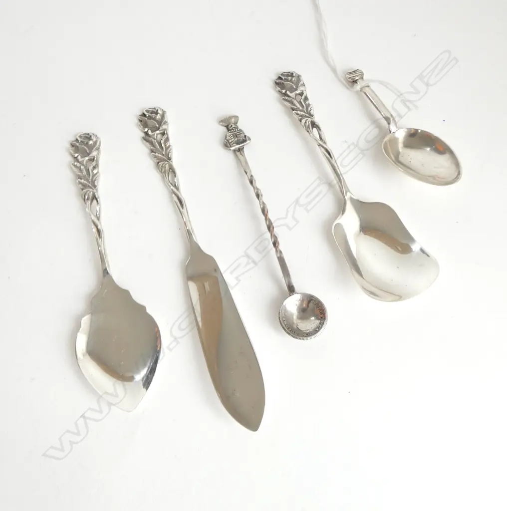 5 SILVER SMALL CUTLERY PCES.4 SPOONS + butter knife 51gms Image 1++