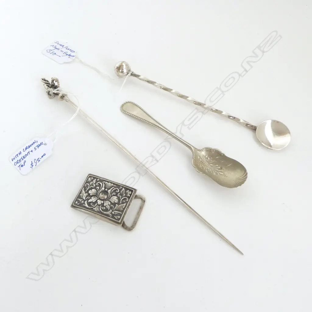 c.1900 TURKISH .800 SILVER MEAT SKEWER + SILVER BELT BUCKLE 53gms + 2 silver plate SPOONS Image 1++