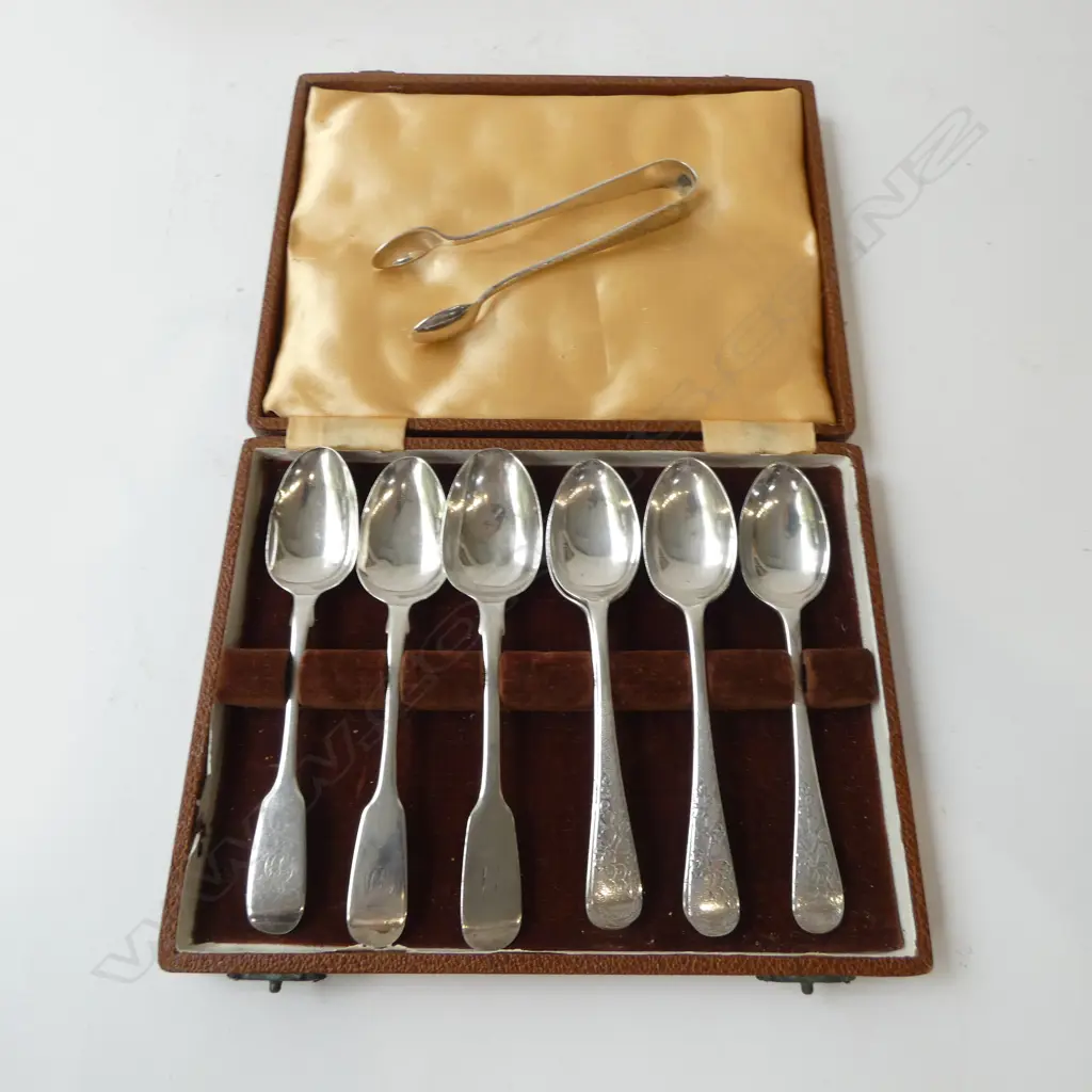 9 PCES SILVER, 8 TEASPOONS (5+3) + TONGS 211grms Image 1++
