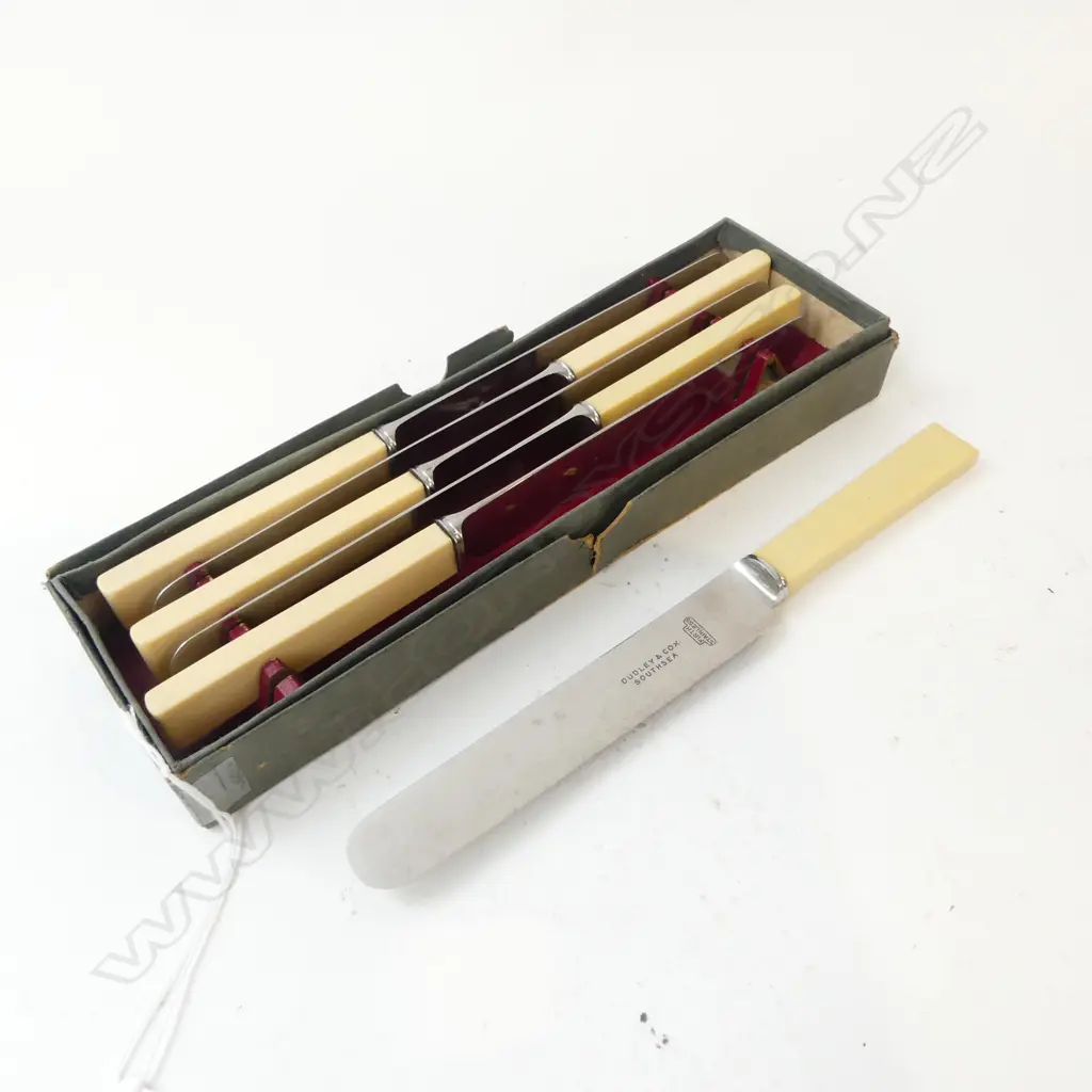 6 IVORINE 'BONE' HANDLED KNIVES, IN ORIG. BOX Image 1++