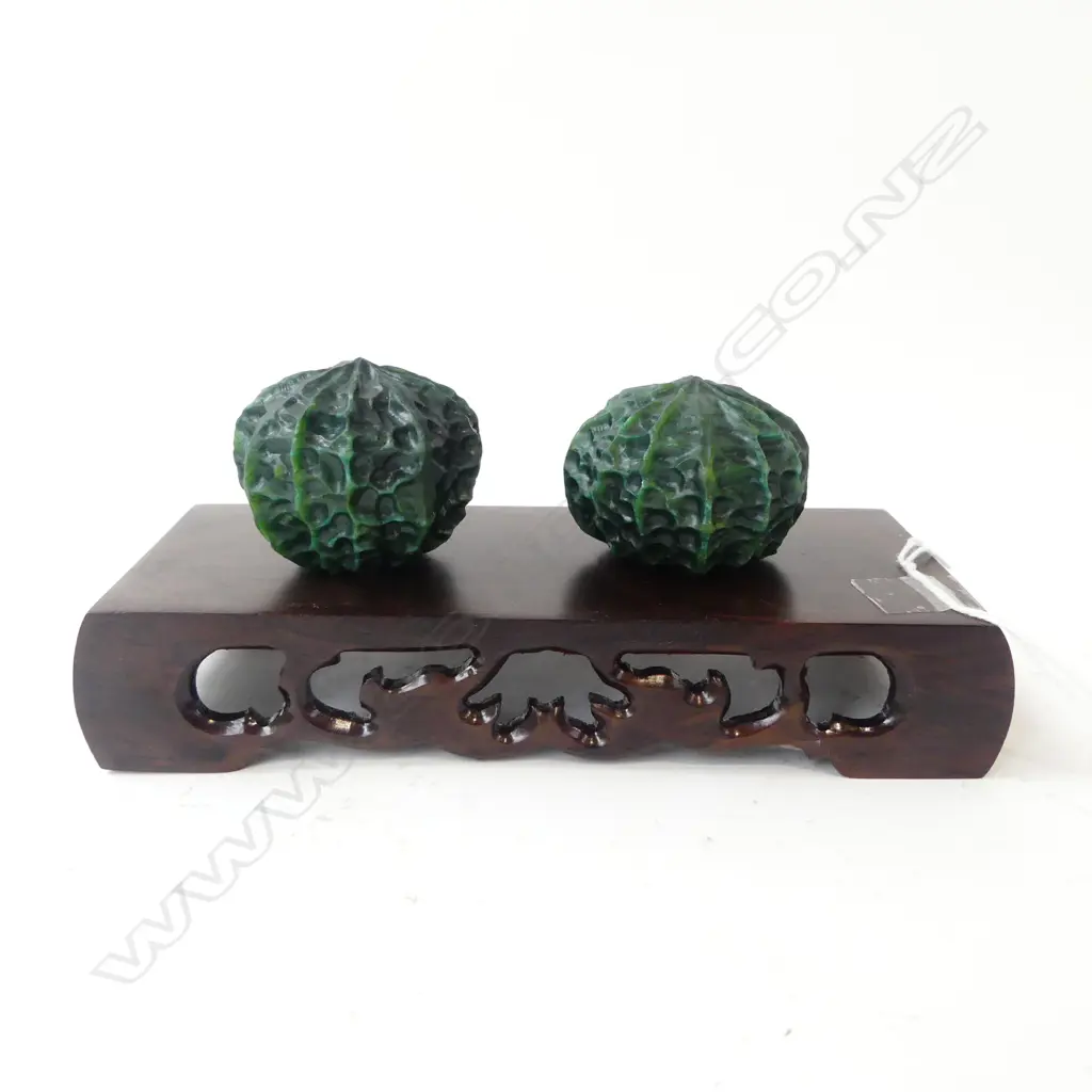 PR HAND CARVED JADE 'WALNUTS' ON STAND W.180mm Image 1++