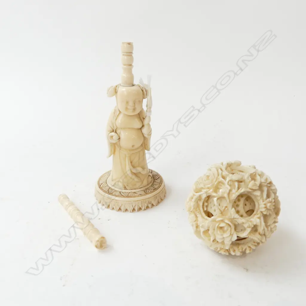 OLD CHINESE CARVED IVORY PUZZLE BALL on figure carved stand Some faults. Stand needs gluing etc. H.210mm No cup support Image 1++