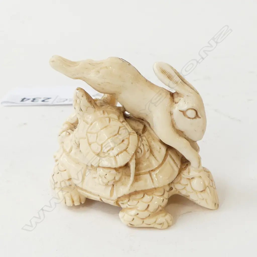 IVORY NETSUKE TURTLES & HARE, SIGNED to BASE Image 1++
