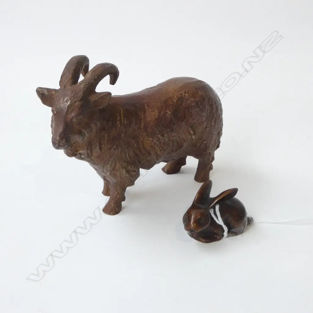 2 METAL ANIMALS; BRONZE BUNNY RABBIT L.50mm & HORNED GOAT H.95mm Image 1++