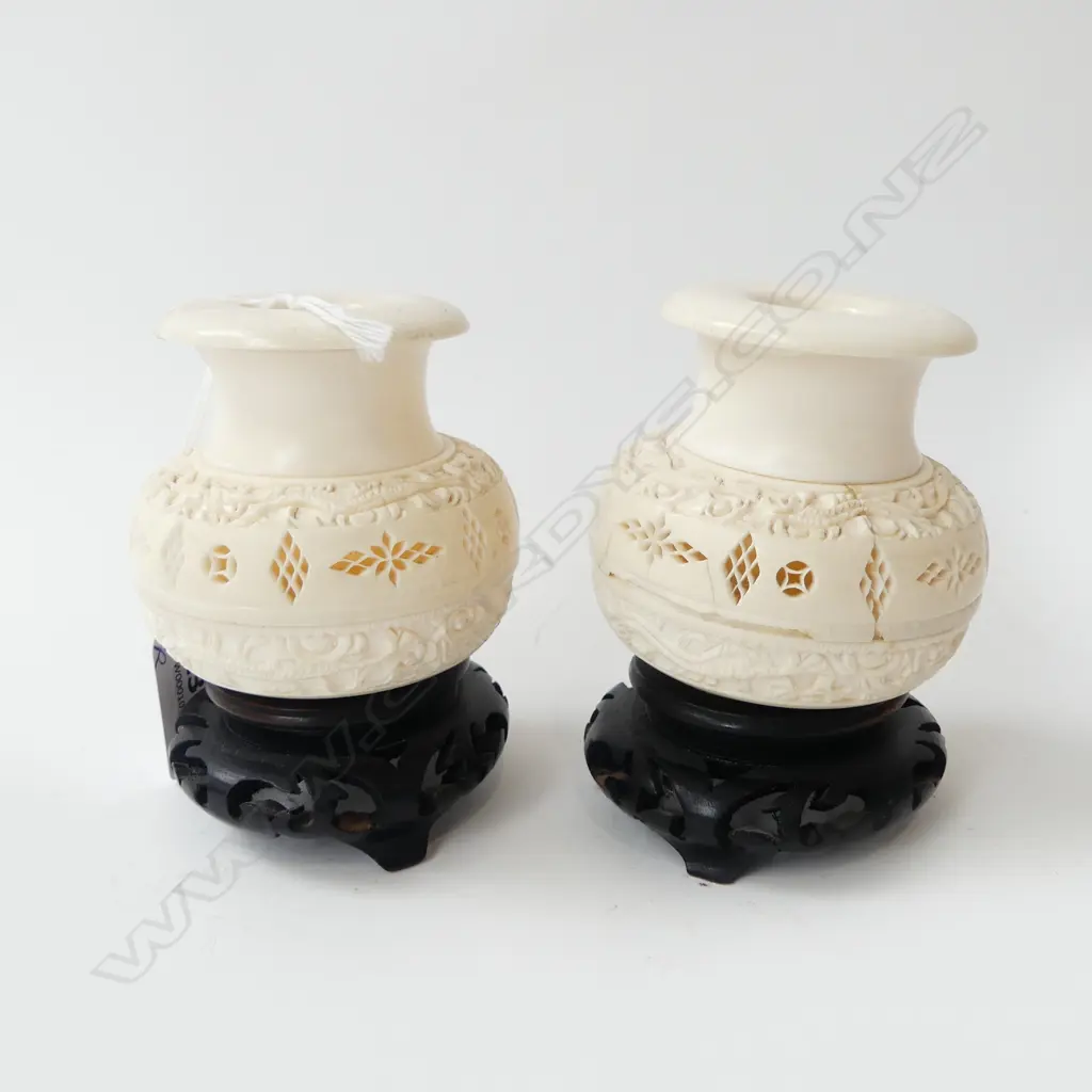 PR CHINESE CARVED IVORY VASES H.68mm on carved wood stands. Some faults Image 1++