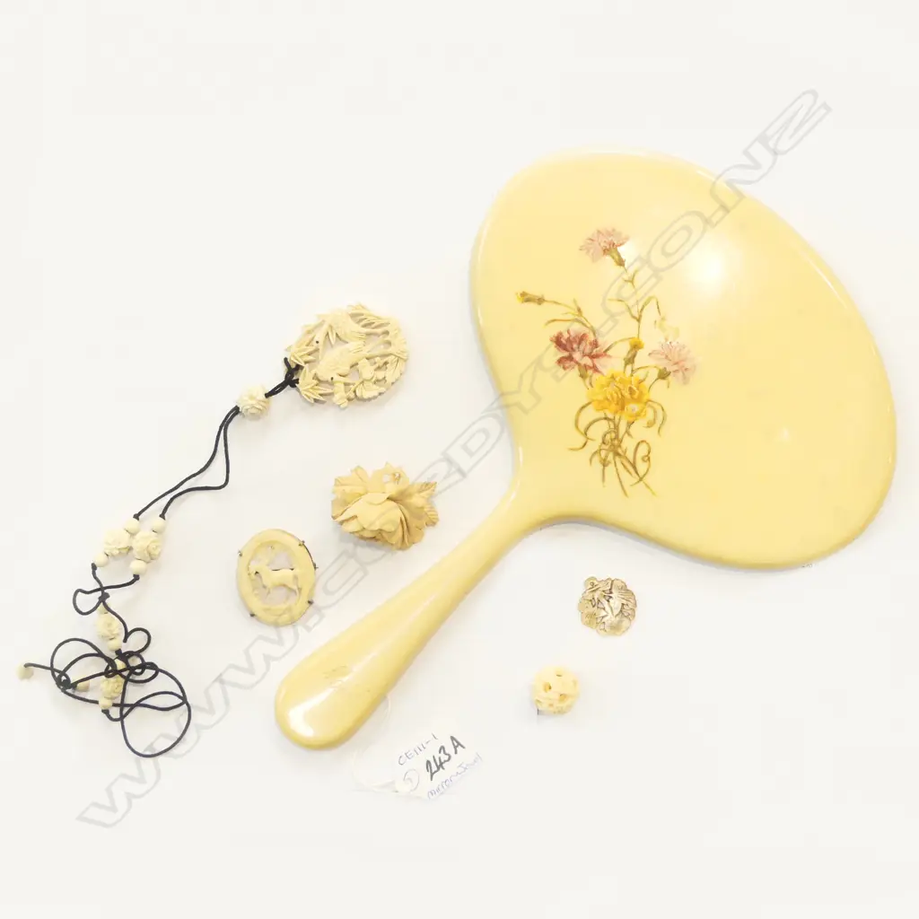 IVORINE 'BONE' HAND PAINTED VANITY MIRROR L.290mm, ASST. BONE CARVED JEWELLERY Incl. PUZZLE BALL Image 1++