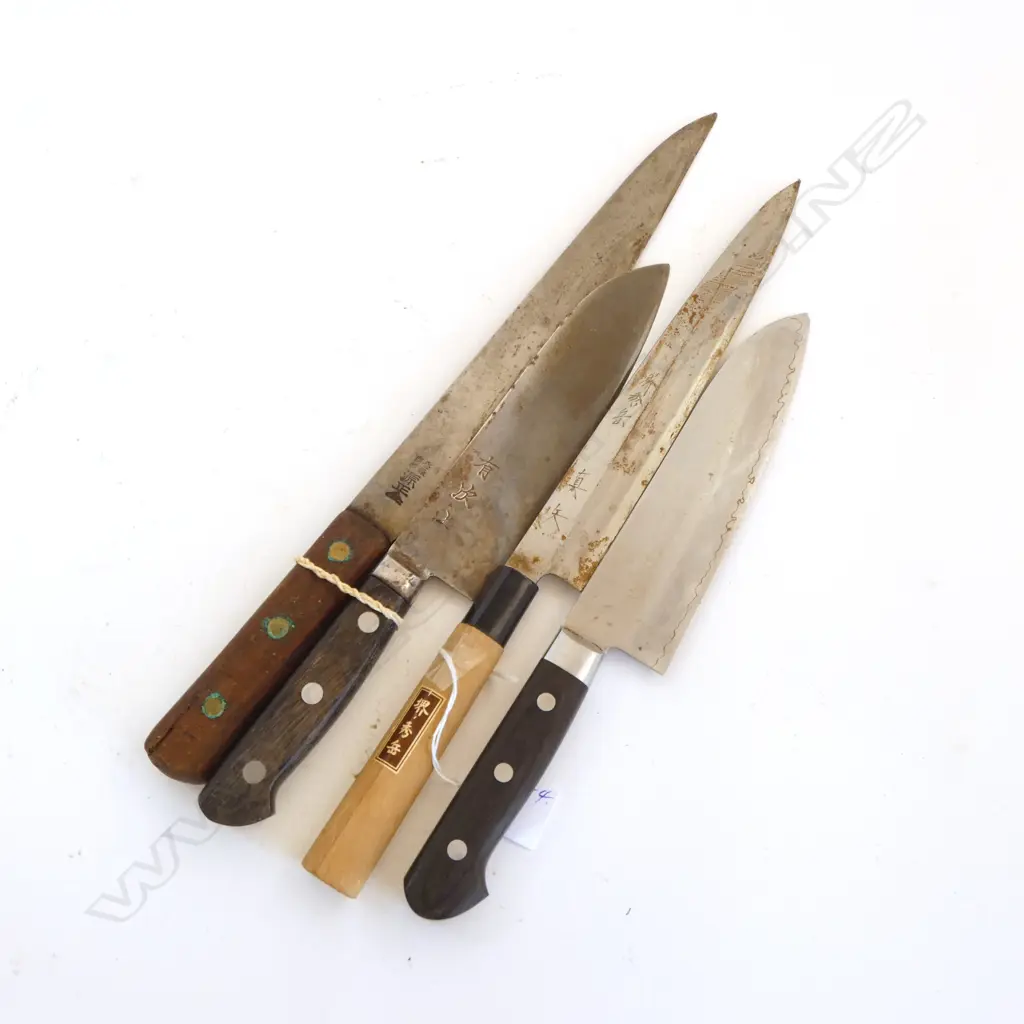 4 VINTAGE JAPANESE QUALITY STEEL CHEFS KNIFES all with signed blades longest 395mm Image 1++