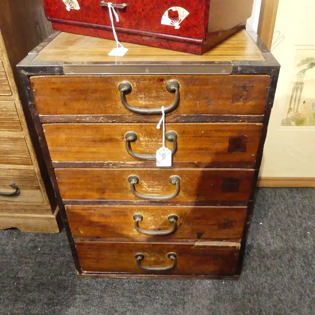 VINTAGE JAPANESE PALE WOOD 5 DRAWER SMALL TANSU COLLECTOR'S CABINET W.505mm Image 1++