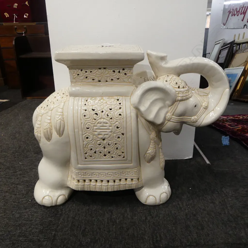 VINTAGE WHITE GLAZED ELEPHANT ORIENTAL STOOL trunk raised H.440mm Image 1++