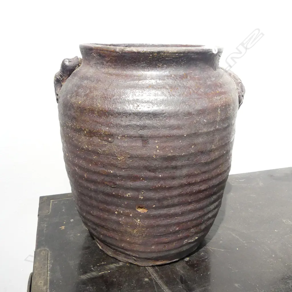 OLD JAPANESE SHIGARAKI ? HAND COILED POT hairline crack to rim pod form sculpted handles H.265mm Image 1++